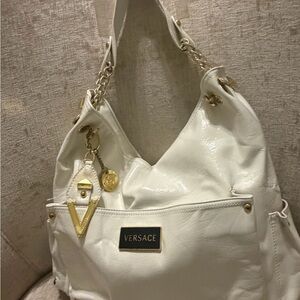 White Patent Shoulder Bag with Gold Hardware